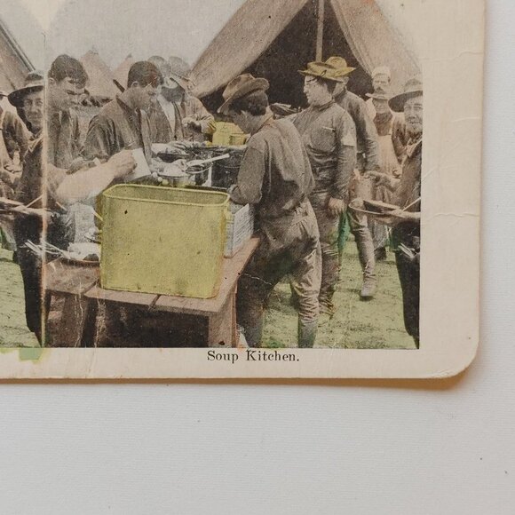 Antique Stereograph Card Military "Soup Kitchen" Tent Rations World War - Picture 2 of 3